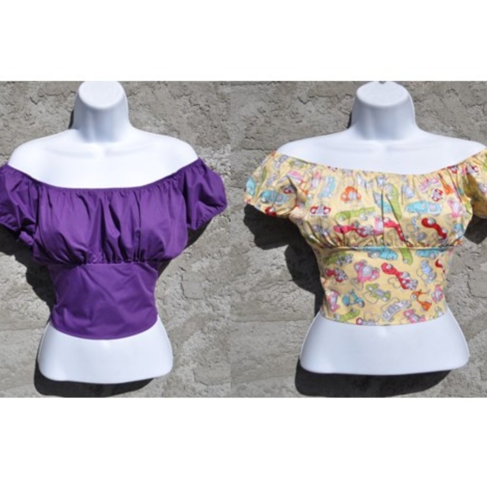Two Crop top Low Shoulder Cars print and Purple Retro Vintage tops.